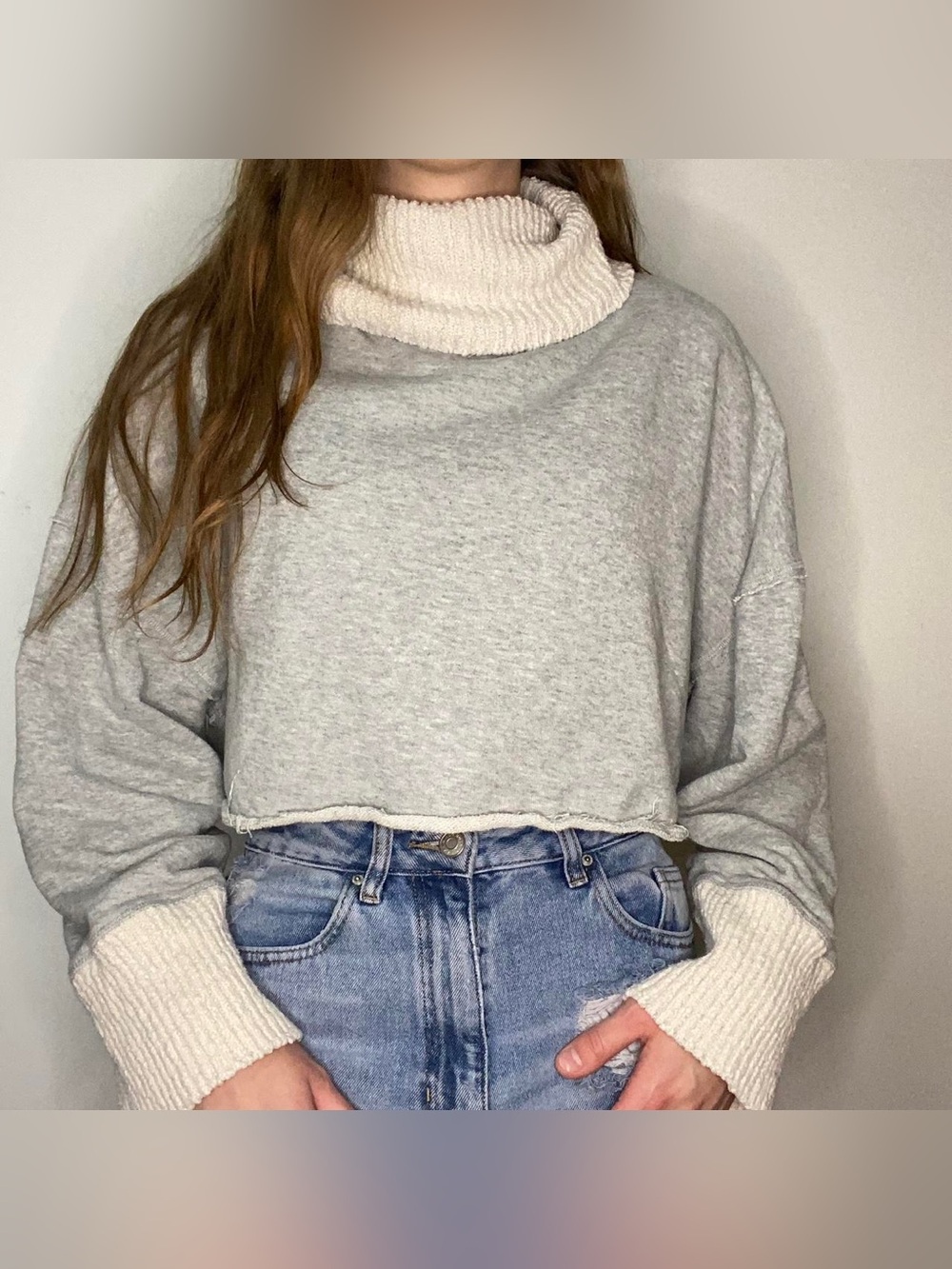 Free People gray cropped sweatshirt with cowl neck